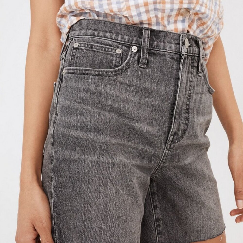 High-Rise Denim Mid-Length Shorts Gray
